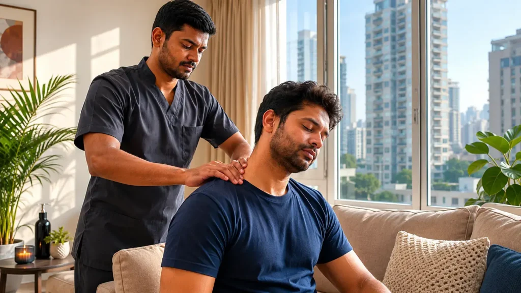 Certified home massage therapist treating shoulder pain for desk worker in Mumbai