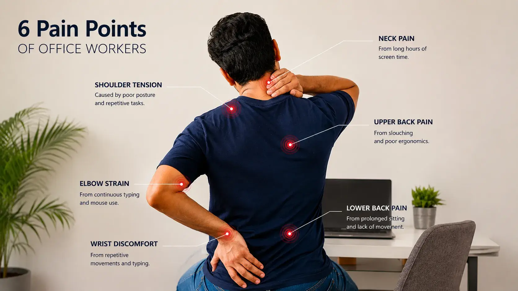Common pain areas for IT professionals - neck, shoulders, lower back, hips
