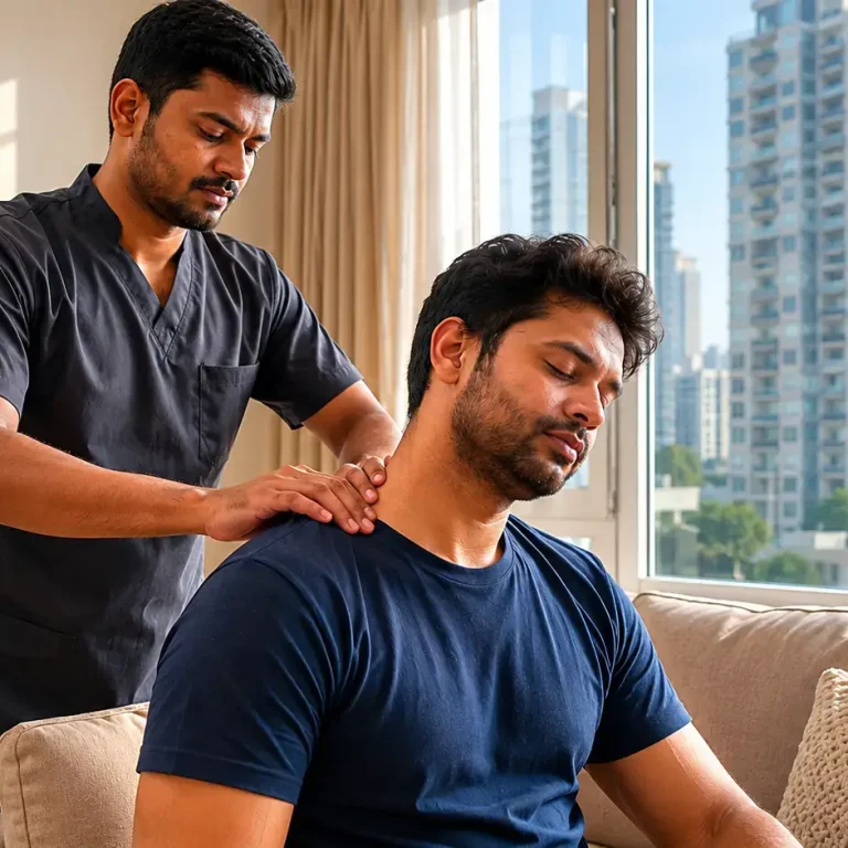Certified home massage therapist treating shoulder pain for desk worker in Mumbai
